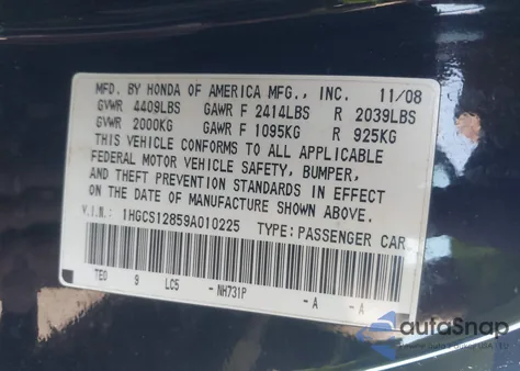 2009 Honda Accord 2.4 Ex-L из США, поврежденный, VIN 1HGCS12859A010225